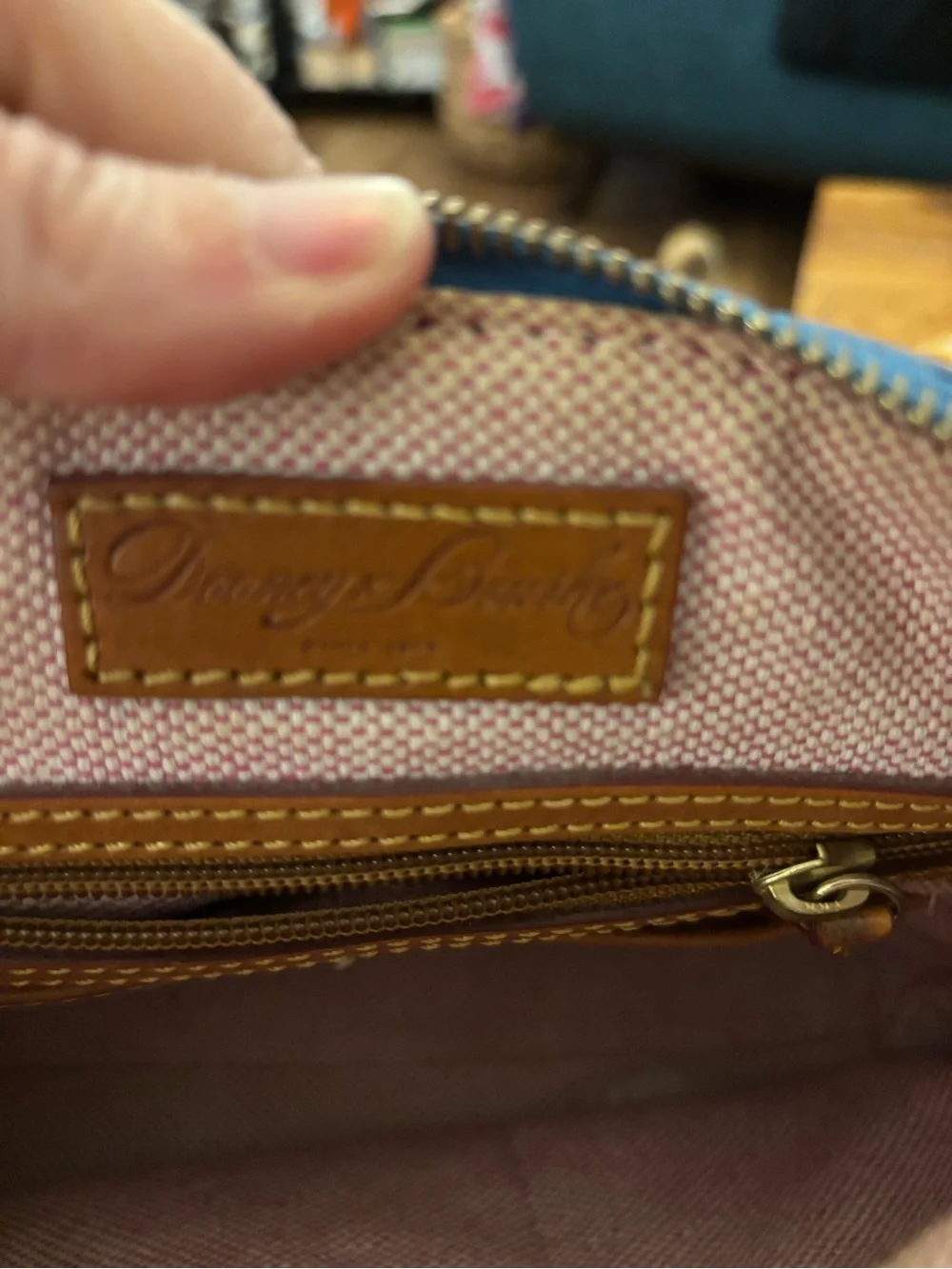 Dooney & Bourke Blue Pebbled Satchel with Tan Trim